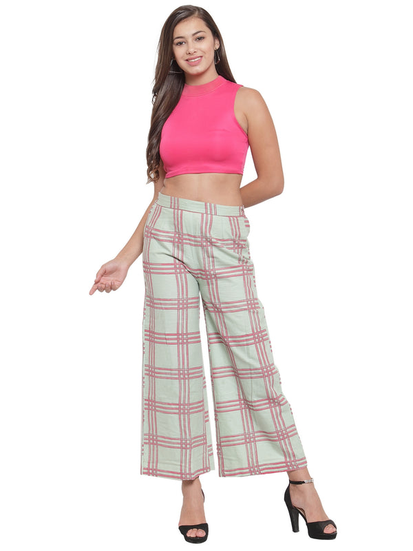 Indibelle Cotton Checkered Printed Plazzo Pants (Sea Green)