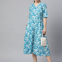 Indibelle Cotton Floral Print Button A-Line Dress (Sky Blue)