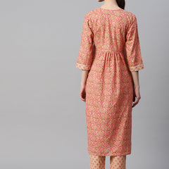 Indibelle Cotton Lurex Peach Pink Floral Print Kurta