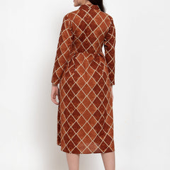 Indibelle Cotton Brown Geometric Print A-Line Dress