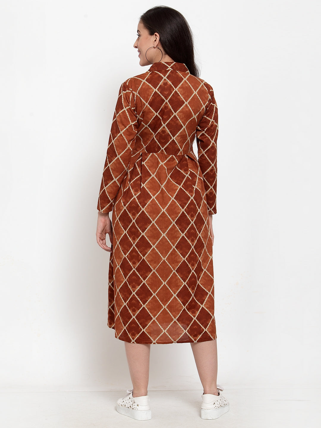 Indibelle Cotton Brown Geometric Print A-Line Dress