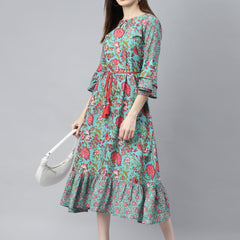 Indibelle Cotton Turquoise Blue Floral Print A-Line Dress