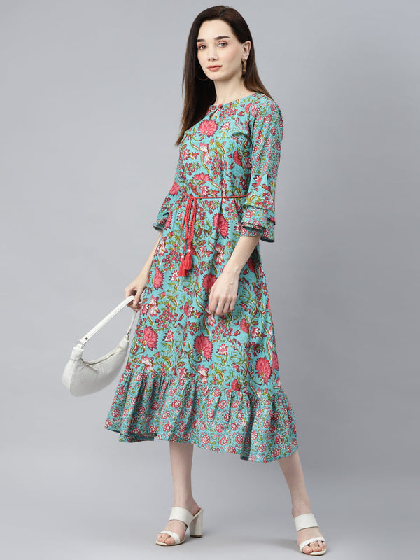 Indibelle Cotton Turquoise Blue Floral Print A-Line Dress
