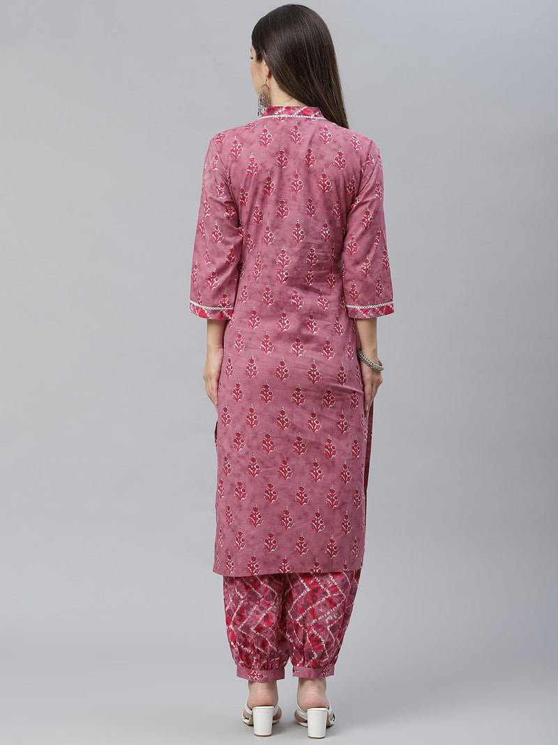 Indibelle Cotton Magenta Floral Print Straight Kurta