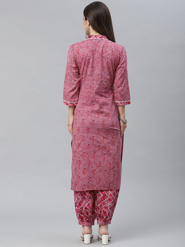 Indibelle Cotton Magenta Floral Print Straight Kurta