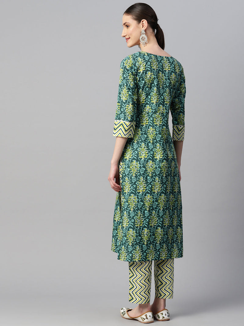 Indibelle Cotton Contrast Yolk Floral Print Kurta (Green)