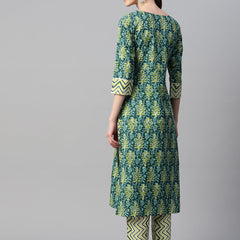 Indibelle Cotton Contrast Yolk Floral Print Kurta (Green)