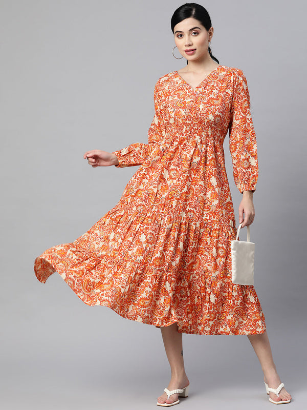 Indibelle Cotton Orange Paisley Print Dress