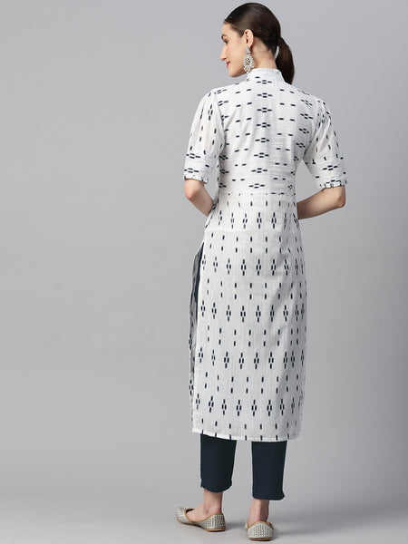 Indibelle Cotton Lurex White Ikat Print Kurta