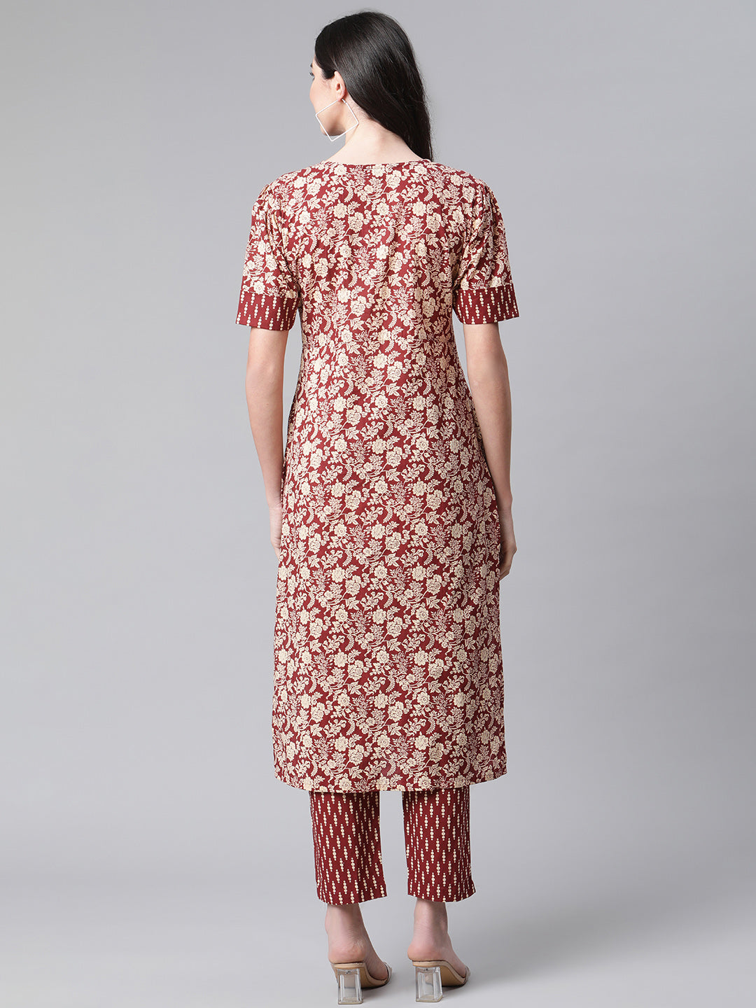 Indibelle Cotton Maroon Floral Print Straight Kurta