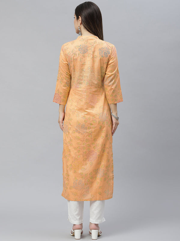 Indibelle Cotton Orange Lurex Floral Print Straight Kurta
