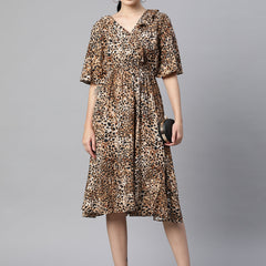 Indibelle Rayon Animal Print Dress (Brown)