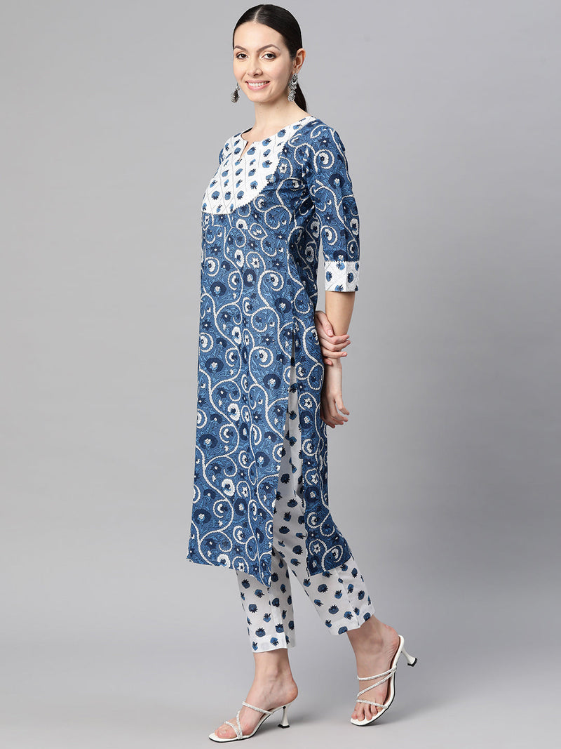 Indibelle Cotton Floral Print Straight Kurta Set (Blue)