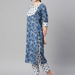 Indibelle Cotton Floral Print Straight Kurta Set (Blue)