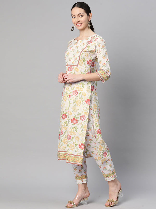 Indibelle Cotton Floral print Straight Kurta Pant With Dupatta (Off White)