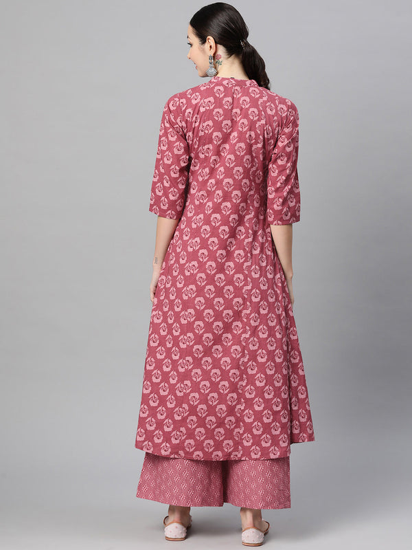 Indibelle Cotton Magenta Floral Print A-Line Kurta Set