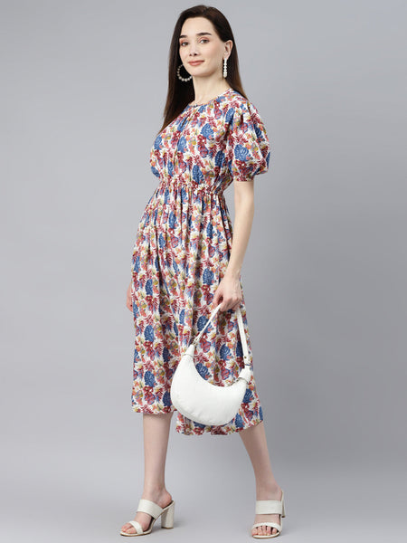 Indibelle Rayon Blue Tropical Print Flared Dress