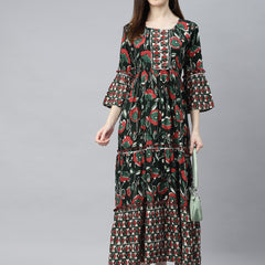 Indibelle Rayon Dark Green Floral Print Flared Kurta