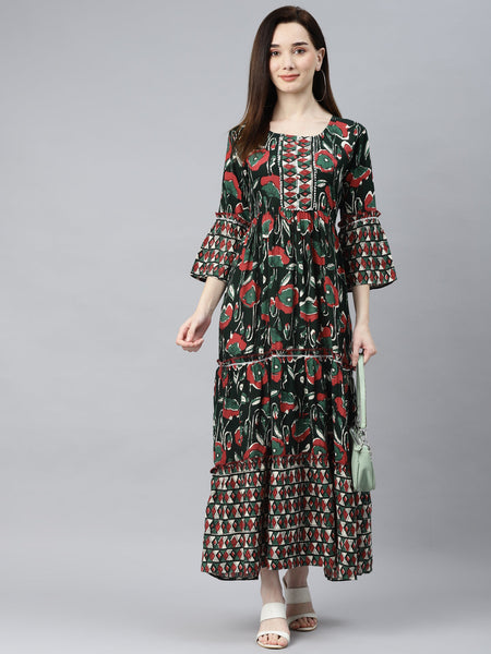 Indibelle Rayon Dark Green Floral Print Flared Kurta