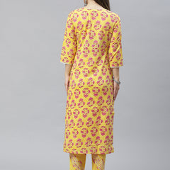 Indibelle Cotton Yellow Floral Print Straight Kurta set