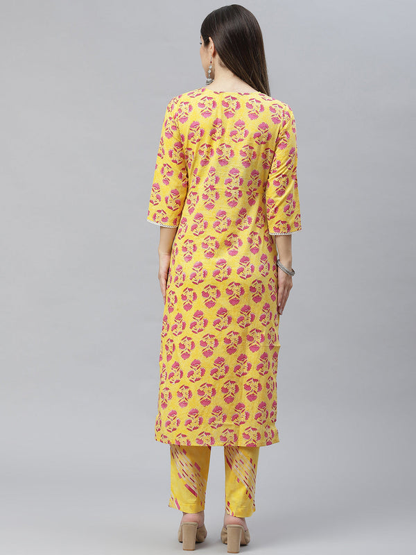 Indibelle Cotton Yellow Floral Print Straight Kurta set