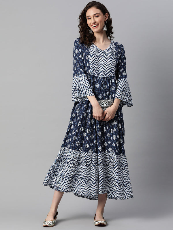 Indibelle Rayon Blue Indigo Abstract Print Flared Dress