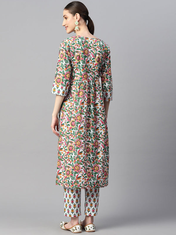 Indibelle Cotton Light Green Floral Print Kurta set