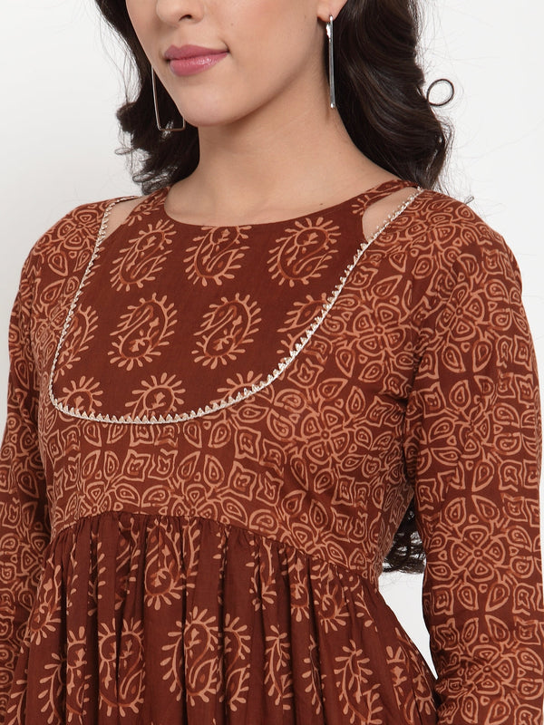 Indibelle Cotton Brown Paisley Print A-Line Dress