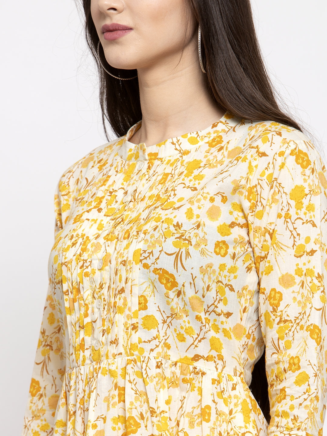 Indibelle cotton yellow floral print yoke pin tacks A-line Kurta