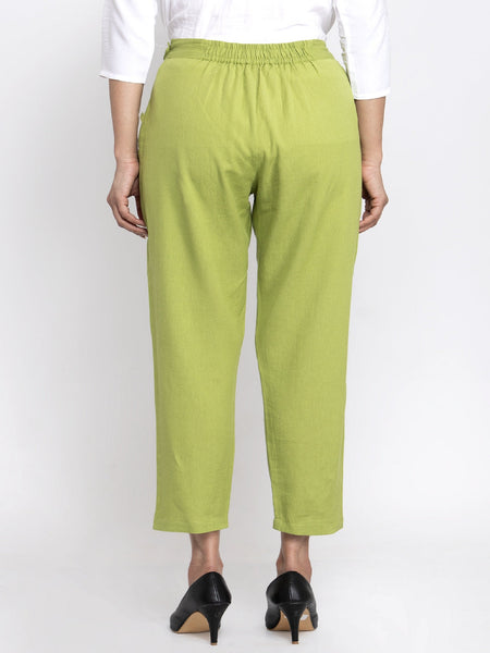 Indibelle Cotton Solid Green Trousers