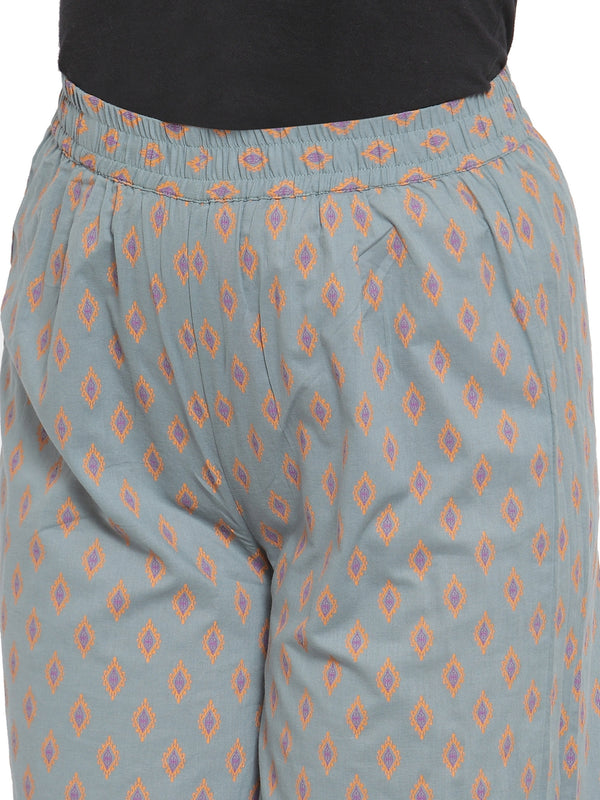 Indibelle Cotton Ethnic Motifs Print Plazzo Pants (Grey)