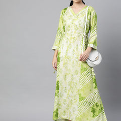 Indibelle Rayon Green Floral Print Dress