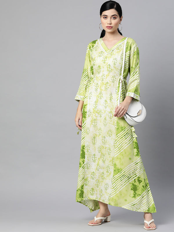 Indibelle Rayon Green Floral Print Dress