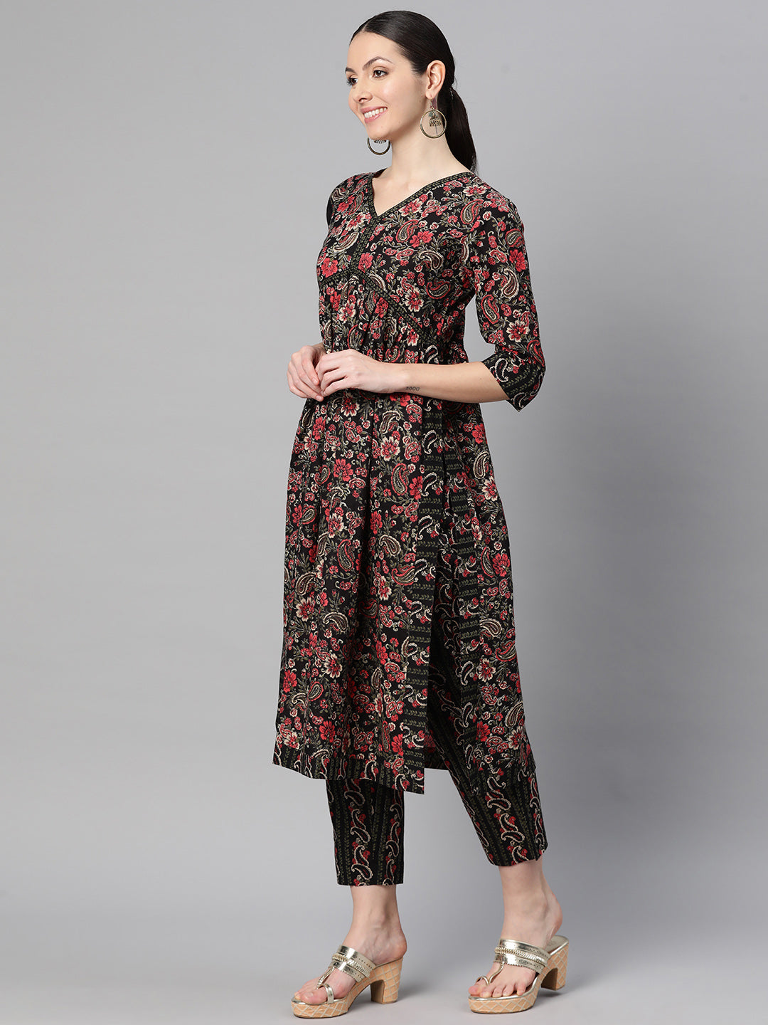 Indibelle Cotton Black Floral Paisley print Nayra Cut Kurta 