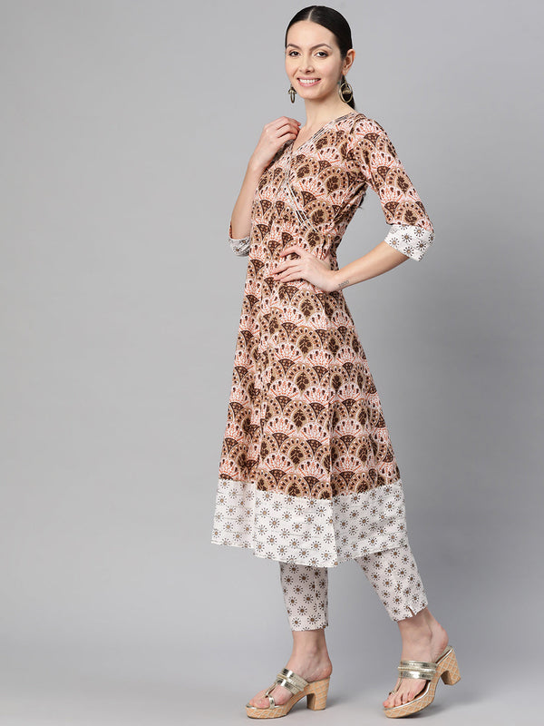 Indibelle Cotton Floral print A-Line Kurta Pant With Dupatta (Brown)
