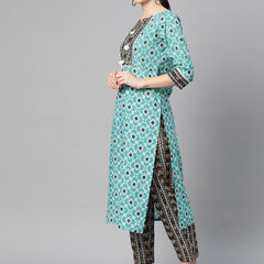 Indibelle Cotton Teal Brown Floral Print Kurta Pant With Dupatta (Teal)