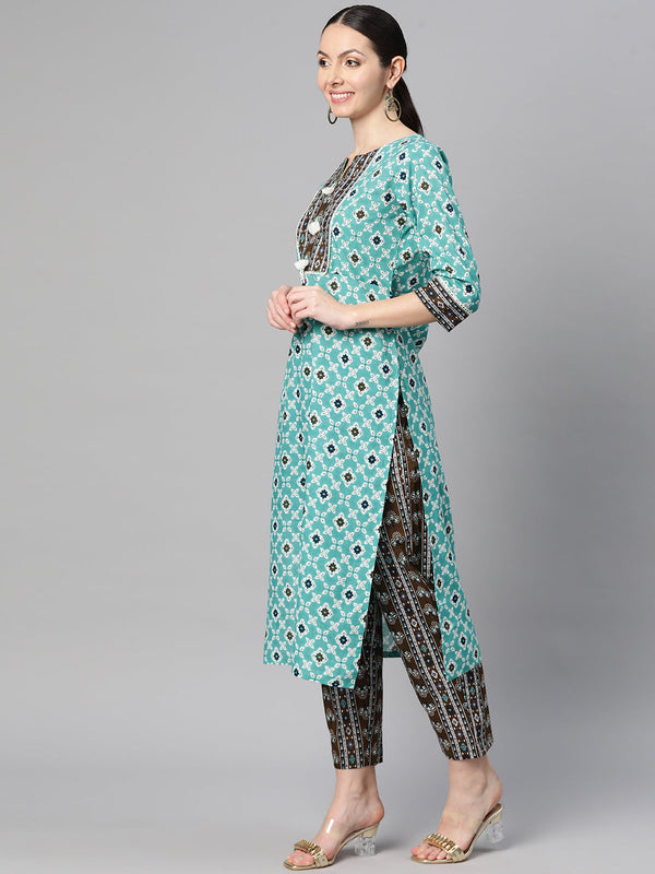 Indibelle Cotton Teal Brown Floral Print Kurta Pant With Dupatta (Teal)