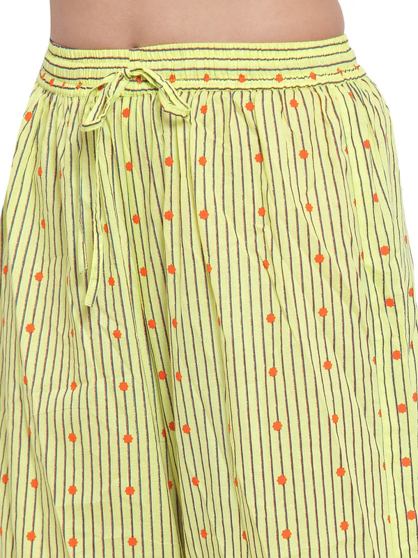 Indibelle Cotton Striped Dot Print Plazzo Pants (Yellow)