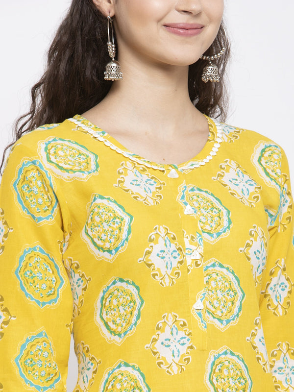 Indibelle Cotton Yellow booti print A-Line Kurta