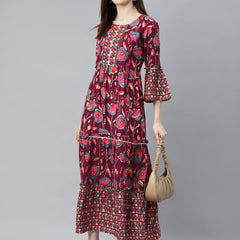 Indibelle Rayon Wine Purple Floral Print Flared Kurta
