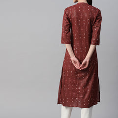 Indibelle Cotton Lurex Maroon Ikat Print A-Line Kurta