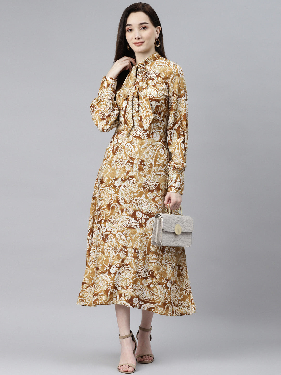 Indibelle Rayon Mustard Gold Paisley Print A-Line Dress