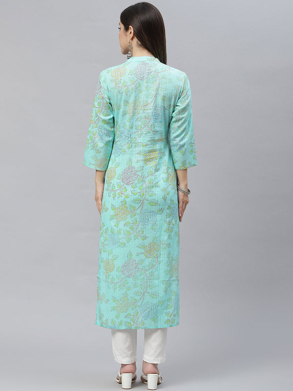 Indibelle Cotton Sea Green Lurex Floral Print Straight Kurta set