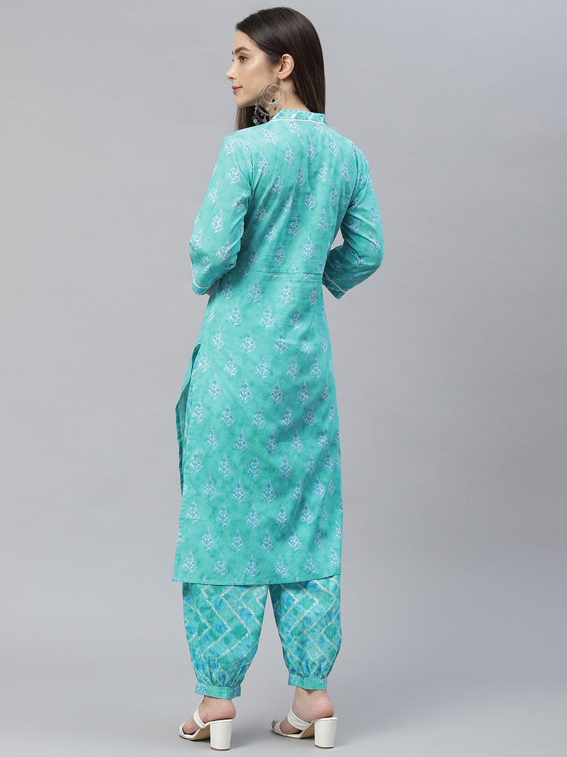 Indibelle Cotton V Neck Floral Print Straight Kurta (Teal)