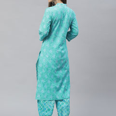 Indibelle Cotton V Neck Floral Print Straight Kurta (Teal)