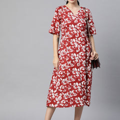 Indibelle Cotton Maroon Floral Print A-Line Dress
