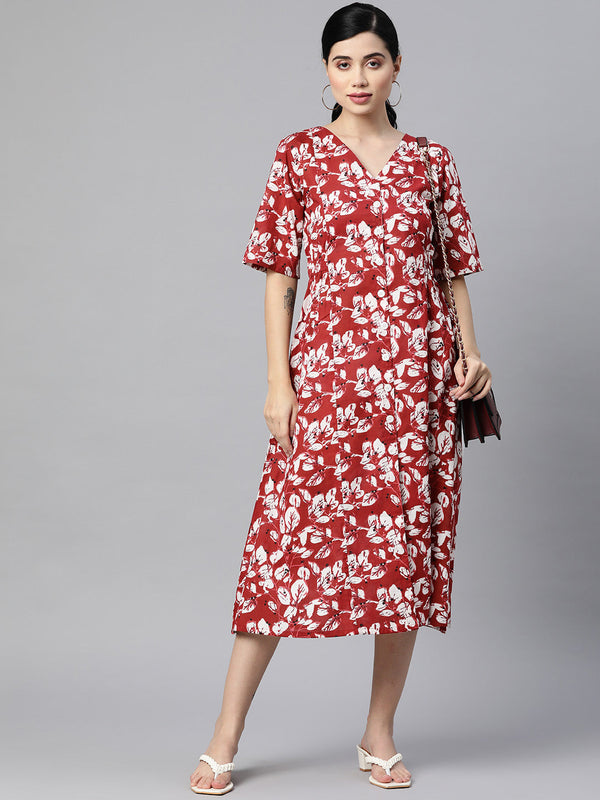 Indibelle Cotton Maroon Floral Print A-Line Dress