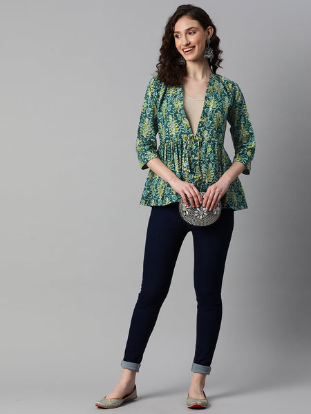 Indibelle Cotton Green Floral Print Shrug/Cape