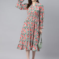 Indibelle Cotton White Tropical Print A-Line Dress