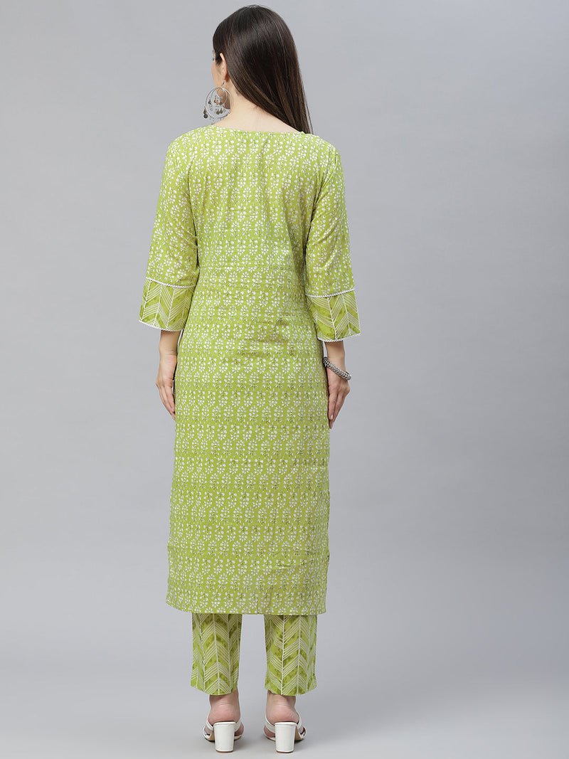 Indibelle Cotton Front Neck Floral Print Straight Kurta